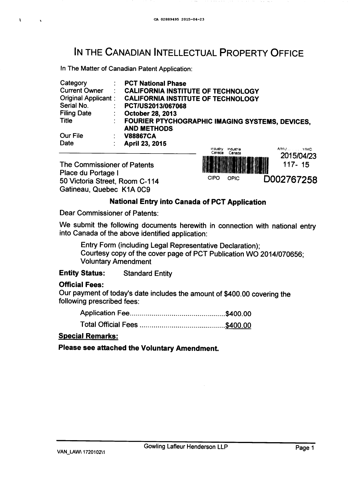 Document de brevet canadien 2889495. Cession 20150423. Image 1 de 3