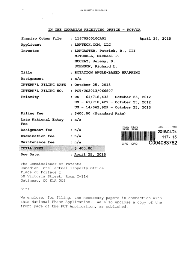 Document de brevet canadien 2889570. Cession 20150424. Image 1 de 4