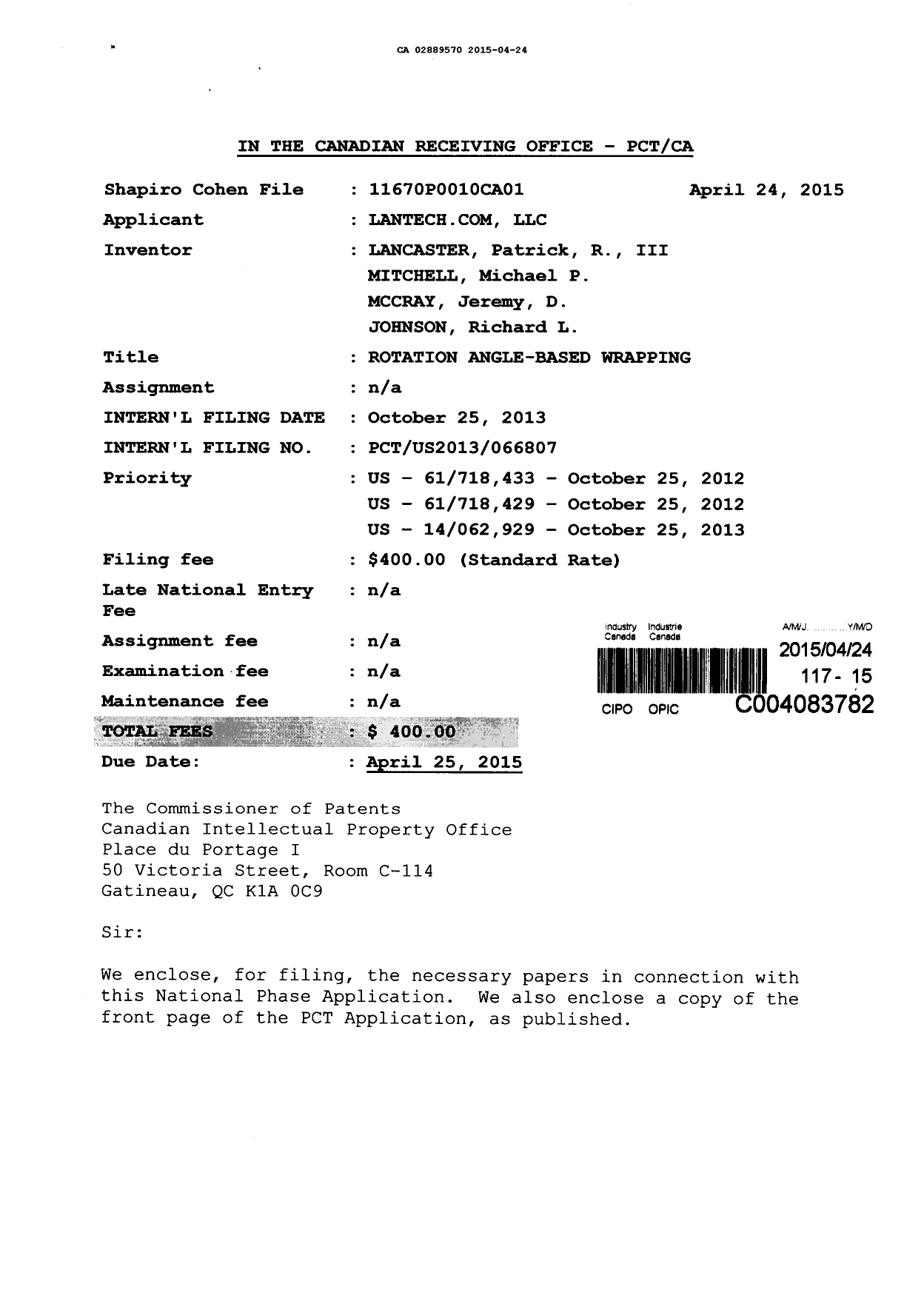 Document de brevet canadien 2889570. Cession 20150424. Image 1 de 4