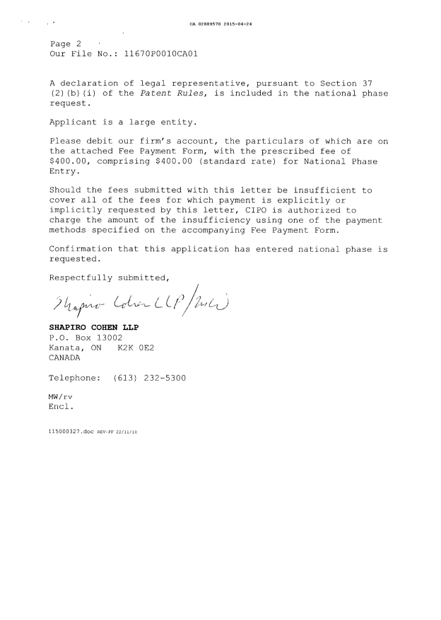 Document de brevet canadien 2889570. Cession 20150424. Image 2 de 4
