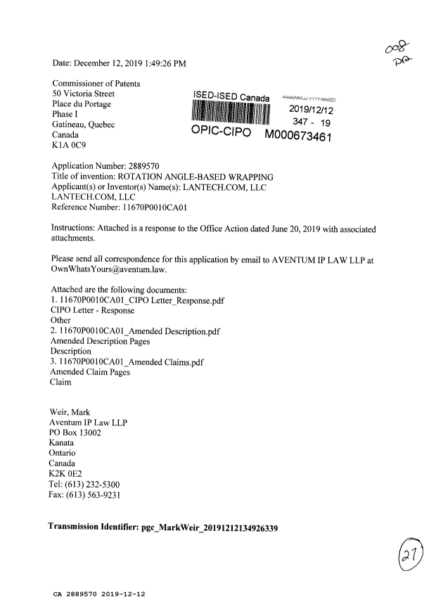 Document de brevet canadien 2889570. Modification 20191212. Image 1 de 27