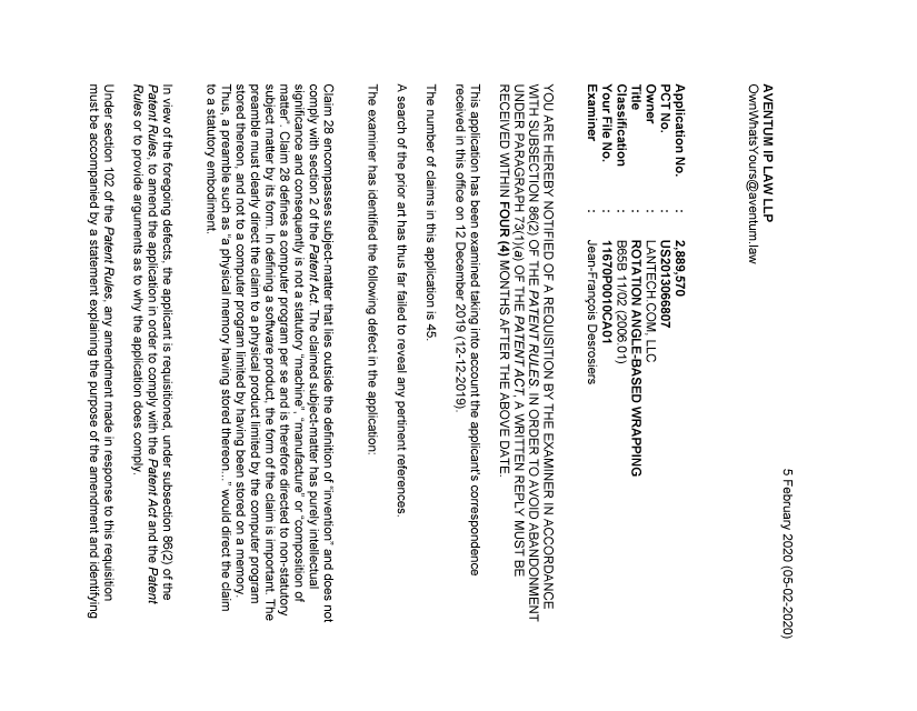 Document de brevet canadien 2889570. Demande d'examen 20200205. Image 1 de 3