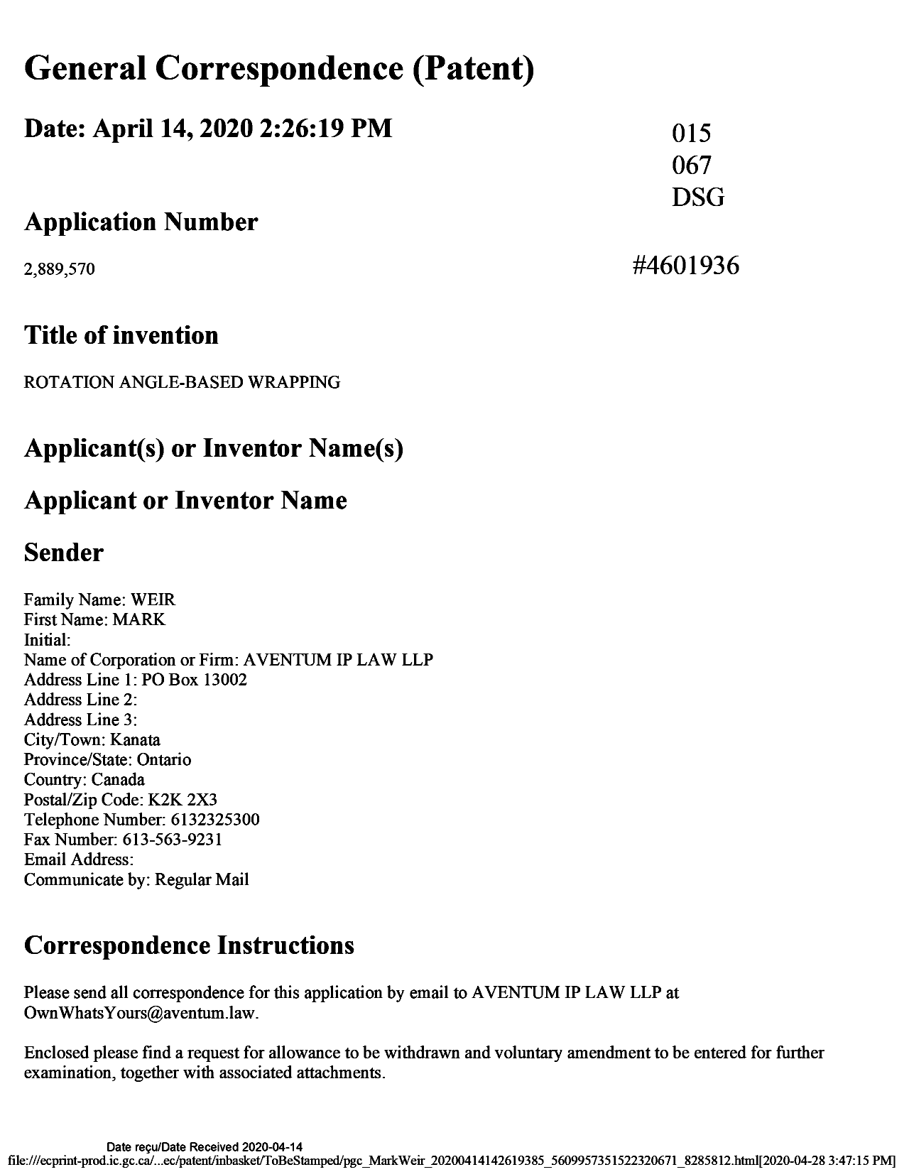 Document de brevet canadien 2889570. Modification après acceptation 20200414. Image 1 de 28