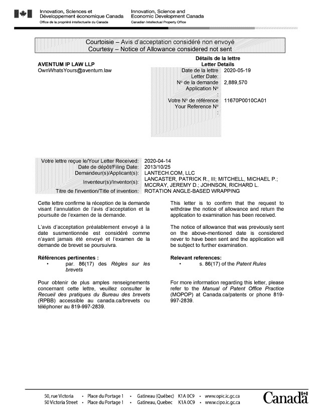 Document de brevet canadien 2889570. Correspondance 20200519. Image 1 de 1