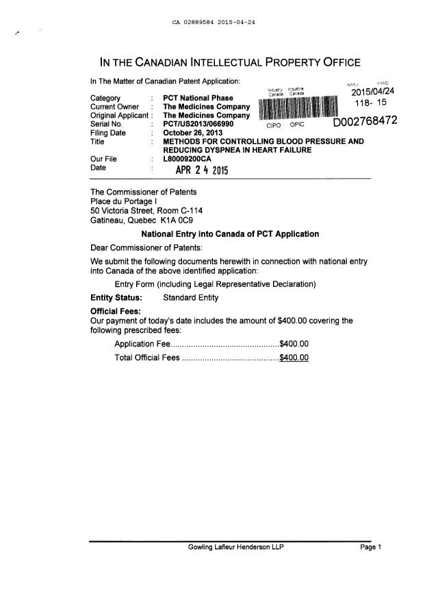 Document de brevet canadien 2889584. Cession 20150424. Image 1 de 4