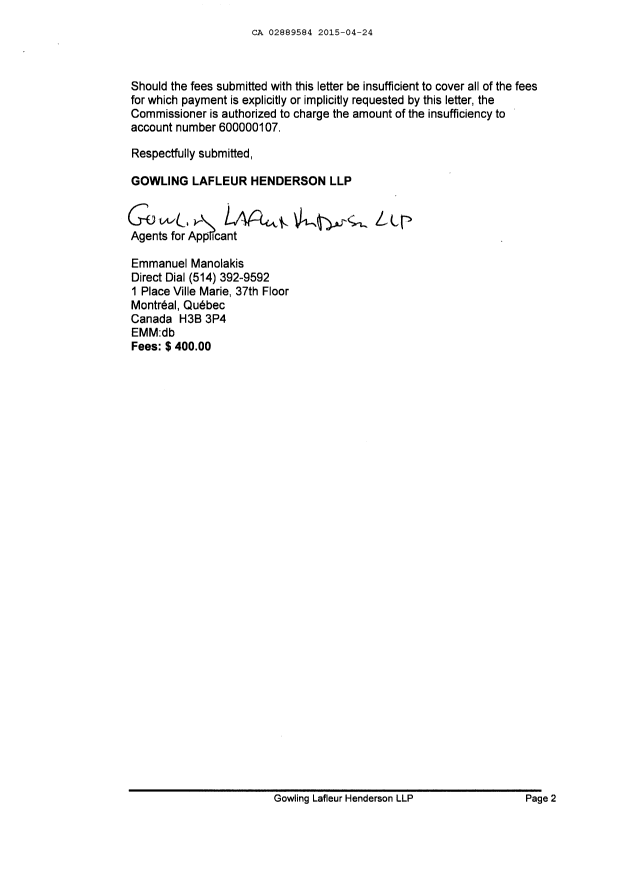 Document de brevet canadien 2889584. Cession 20150424. Image 2 de 4