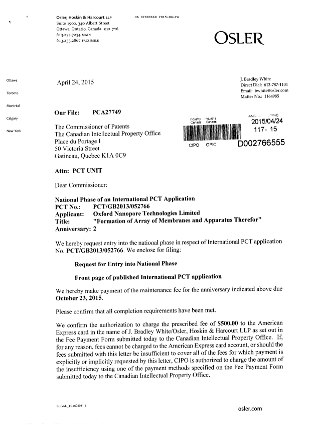 Document de brevet canadien 2889660. Cession 20150424. Image 1 de 4