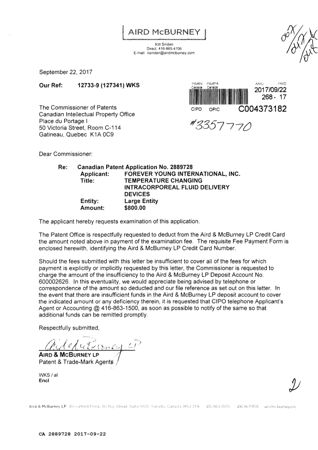 Document de brevet canadien 2889728. Correspondance 20161222. Image 1 de 2