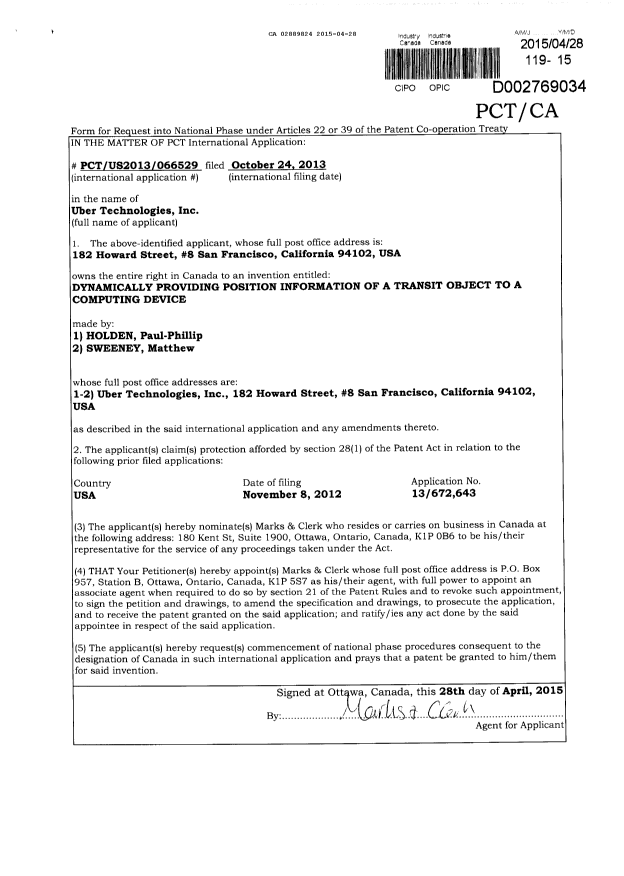 Canadian Patent Document 2889824. Assignment 20150428. Image 2 of 2