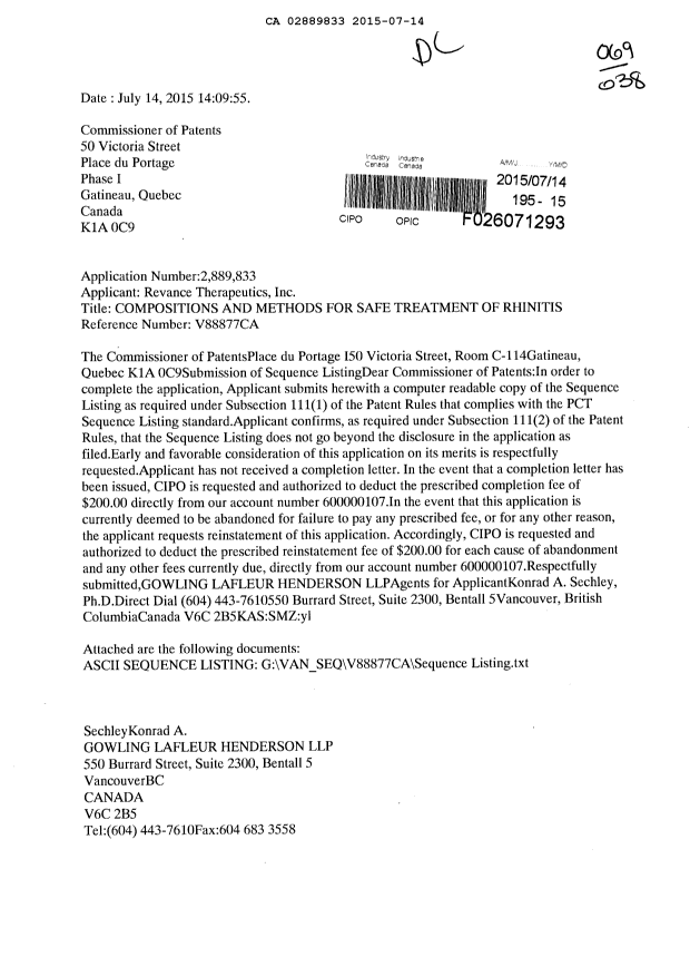 Document de brevet canadien 2889833. Poursuite-Amendment 20141214. Image 1 de 2