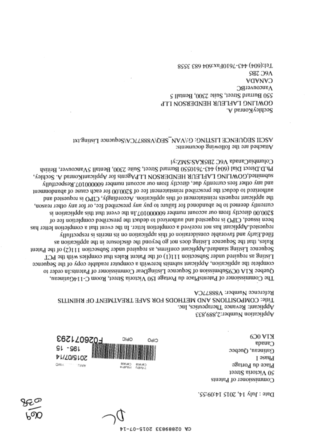 Document de brevet canadien 2889833. Poursuite-Amendment 20141214. Image 1 de 2