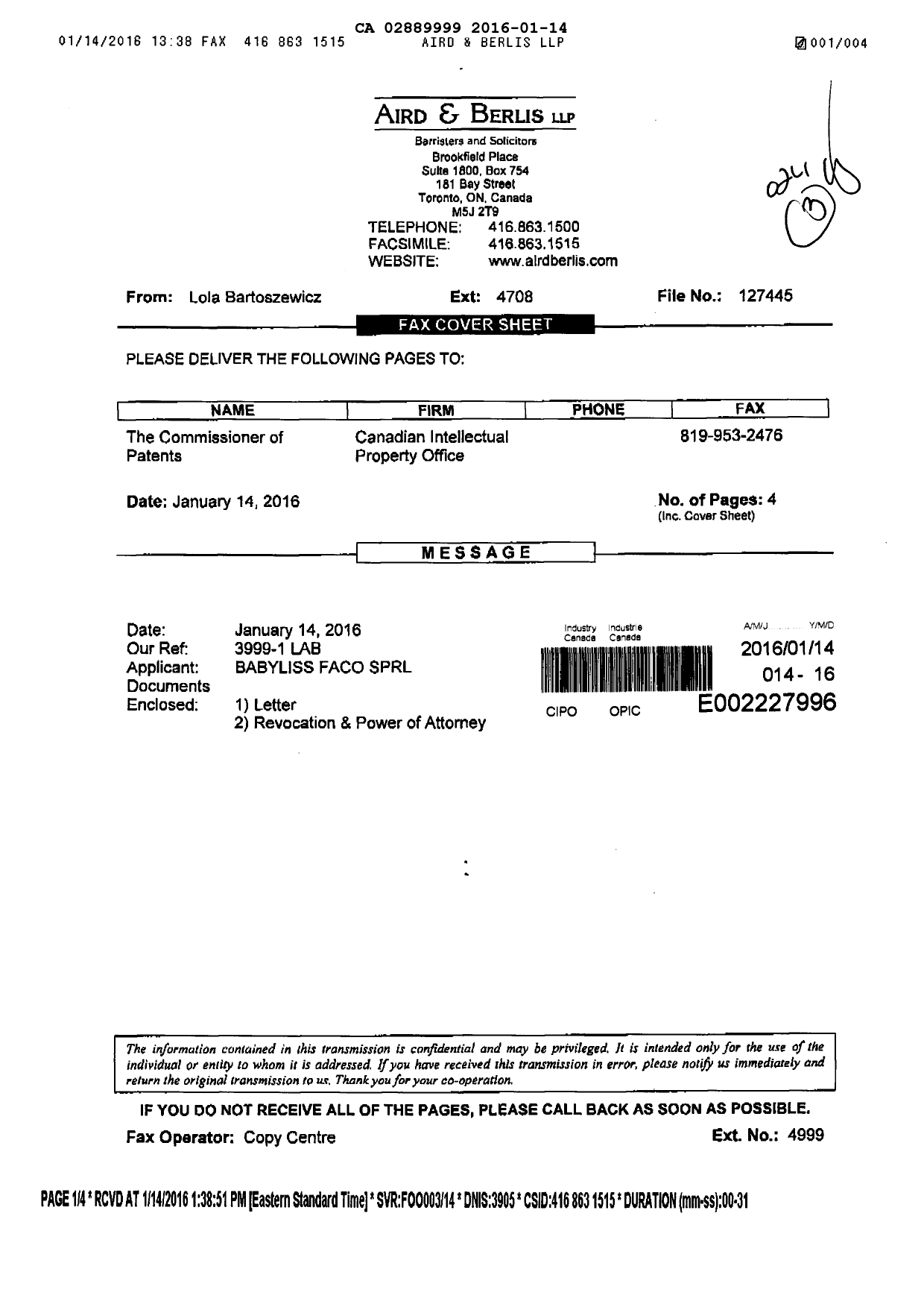 Canadian Patent Document 2889999. Correspondence 20151214. Image 1 of 4