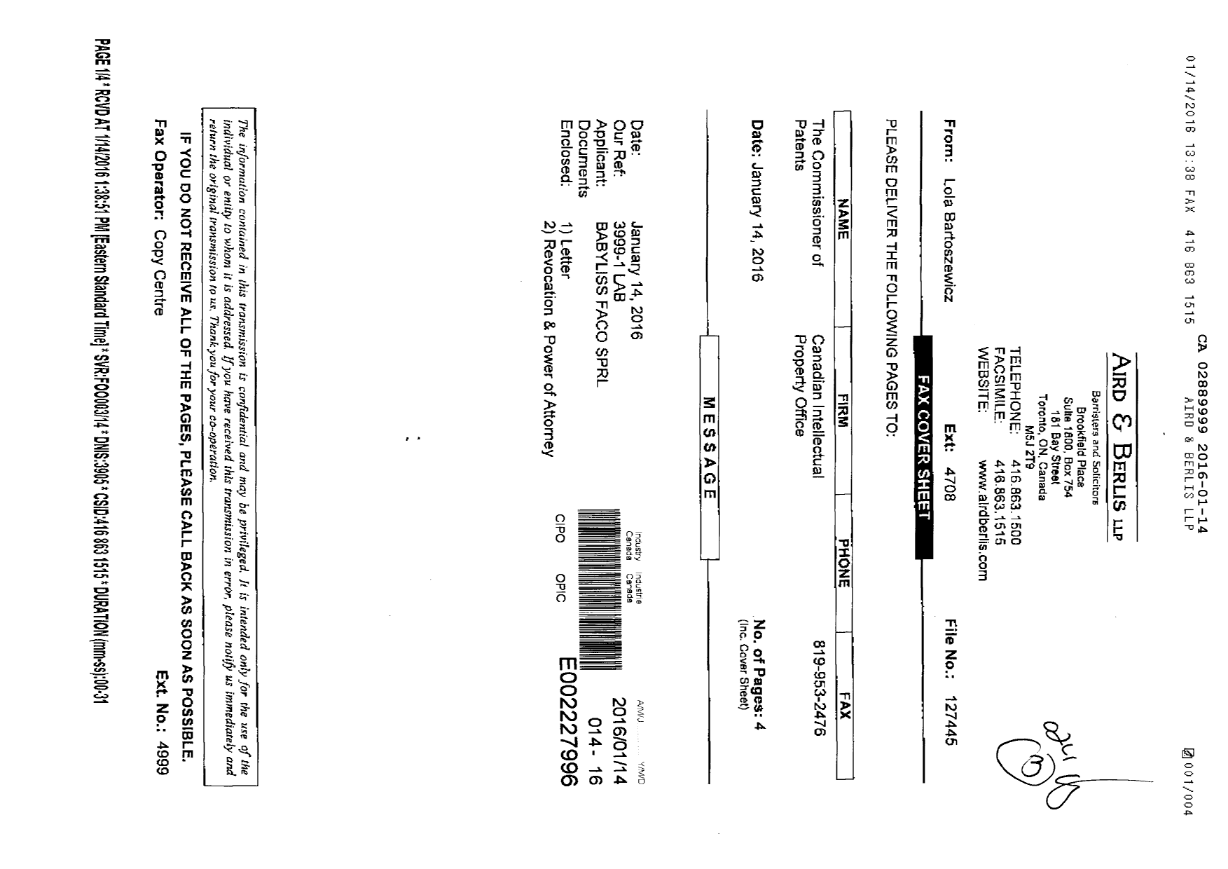 Document de brevet canadien 2889999. Correspondance 20151214. Image 1 de 4