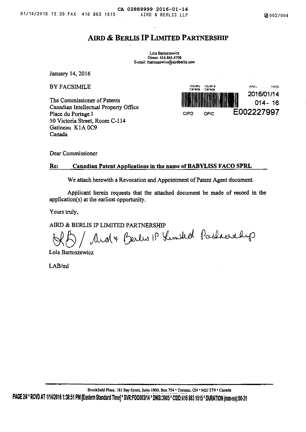 Document de brevet canadien 2889999. Correspondance 20151214. Image 2 de 4