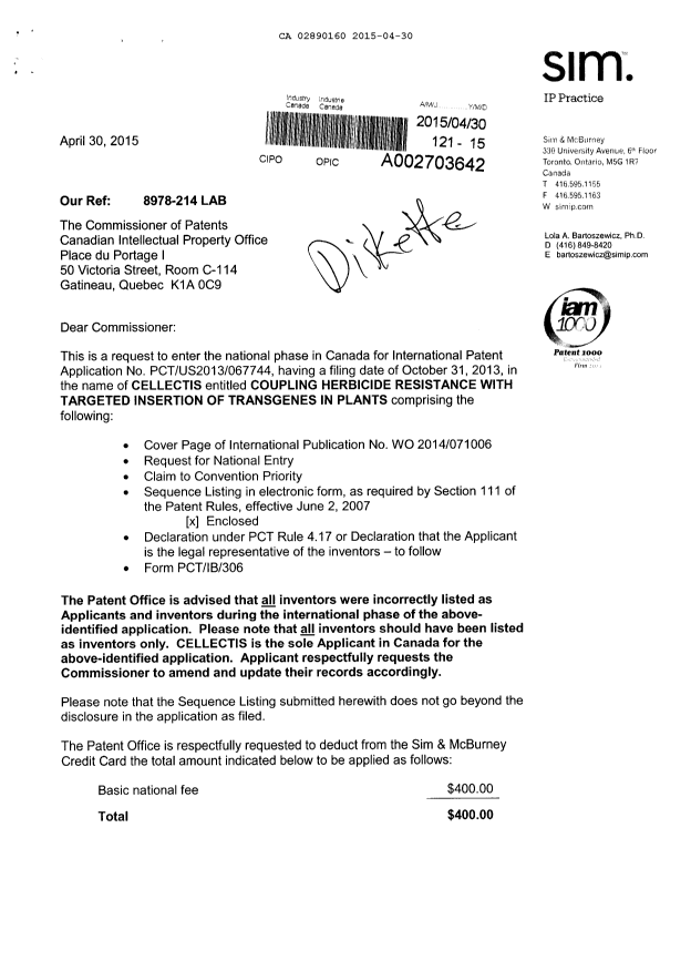 Document de brevet canadien 2890160. Cession 20150430. Image 1 de 4