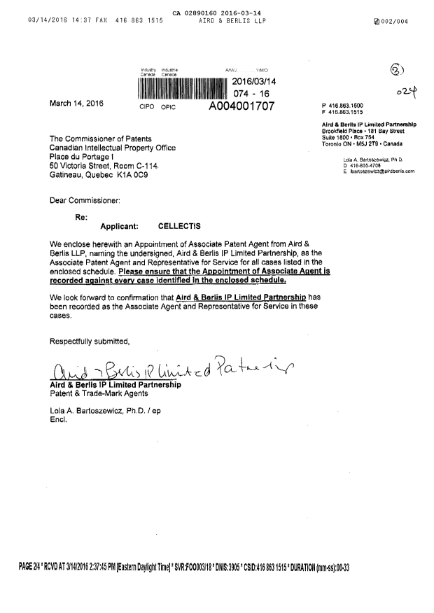 Document de brevet canadien 2890160. Changement de nomination d'agent 20160314. Image 1 de 4