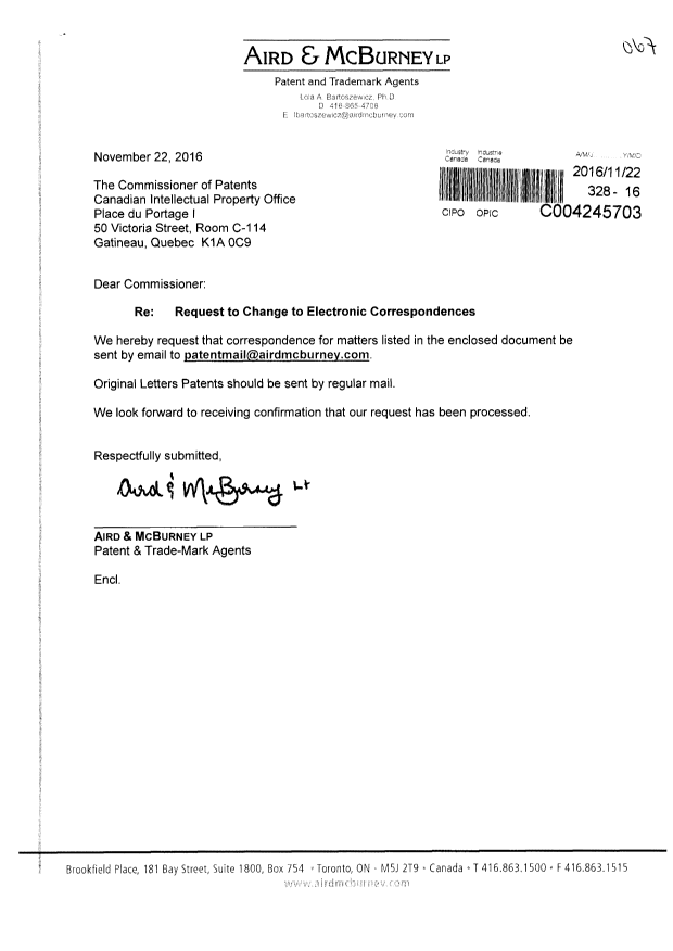 Document de brevet canadien 2890160. Correspondance 20161122. Image 1 de 4