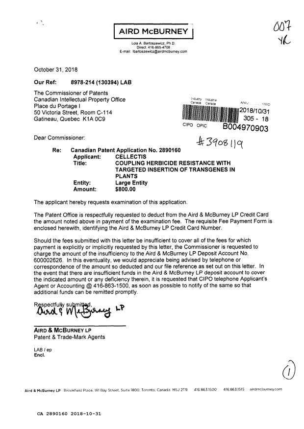 Document de brevet canadien 2890160. Requête d'examen 20181031. Image 1 de 1