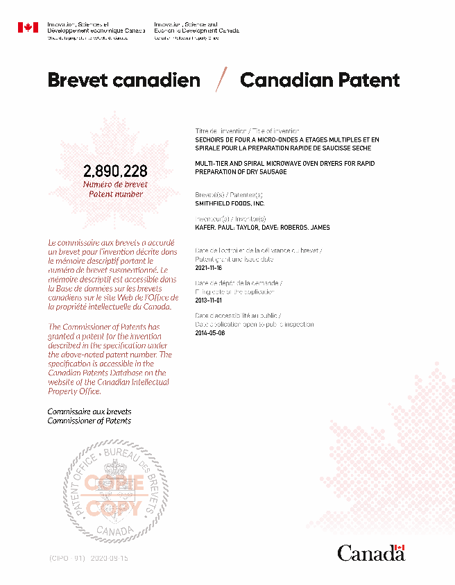 Canadian Patent Document 2890228. Electronic Grant Certificate 20211116. Image 1 of 1