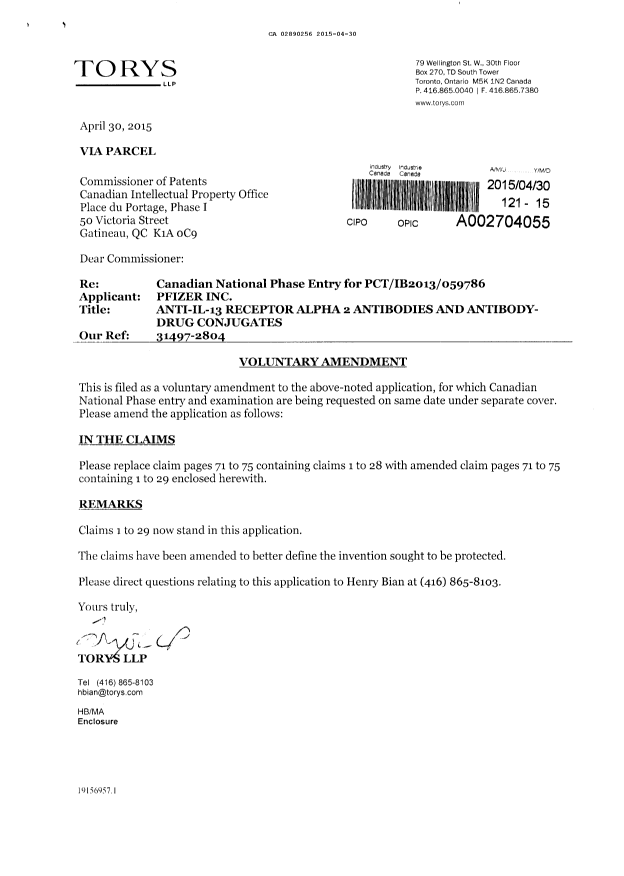 Canadian Patent Document 2890256. Prosecution-Amendment 20141230. Image 1 of 8