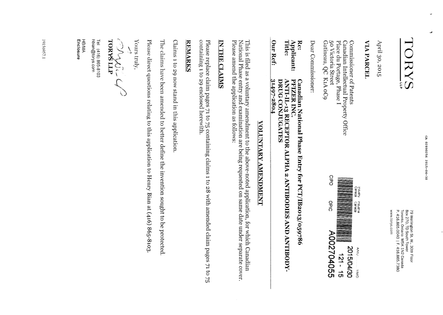 Document de brevet canadien 2890256. Poursuite-Amendment 20141230. Image 1 de 8