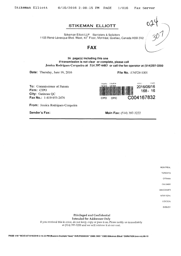 Document de brevet canadien 2890276. Correspondance 20151216. Image 1 de 16