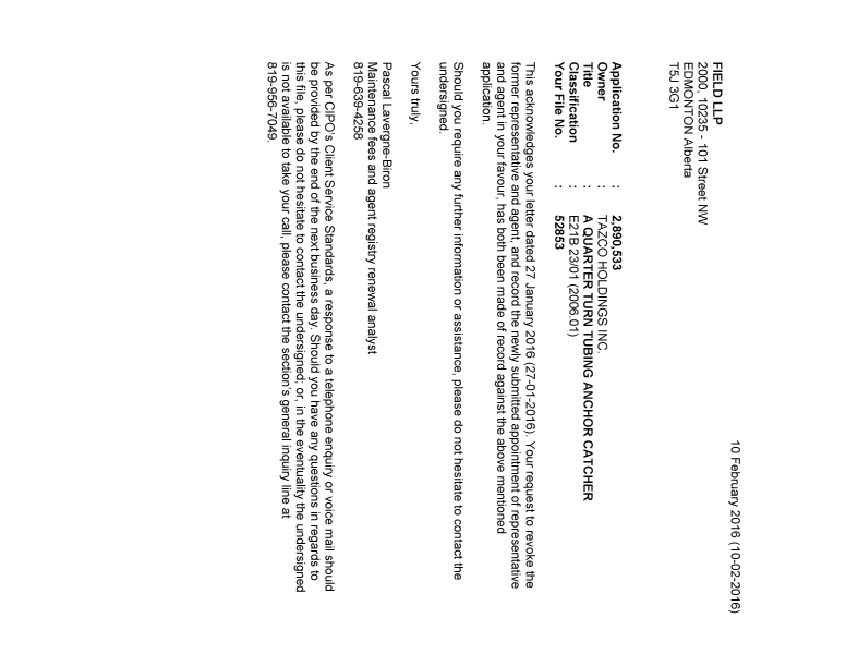 Document de brevet canadien 2890533. Correspondance 20151210. Image 1 de 1