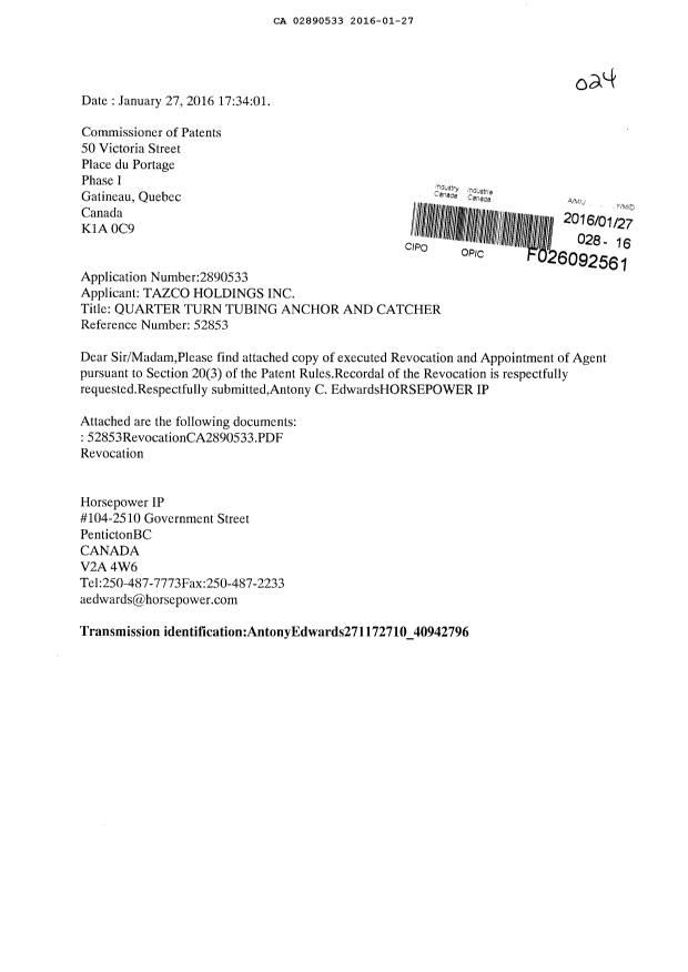 Document de brevet canadien 2890533. Correspondance 20151227. Image 1 de 2