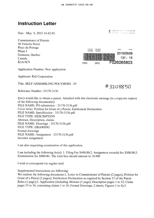 Document de brevet canadien 2890737. Cession 20150508. Image 1 de 12