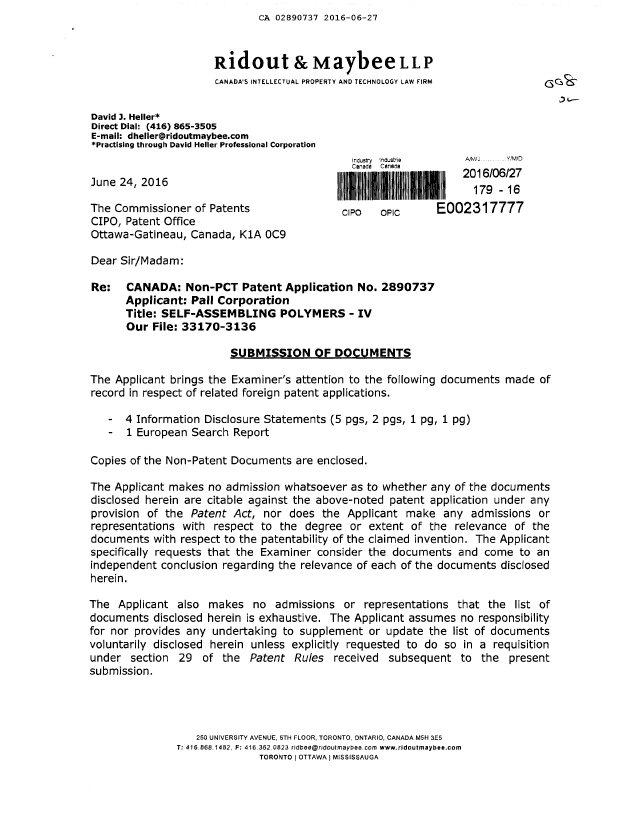 Document de brevet canadien 2890737. Correspondance de la poursuite 20160627. Image 1 de 2