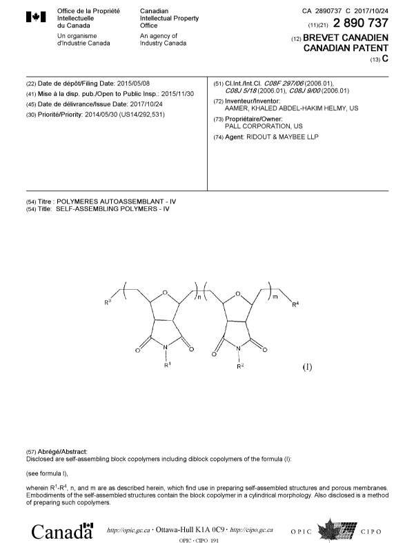 Document de brevet canadien 2890737. Page couverture 20161226. Image 1 de 1