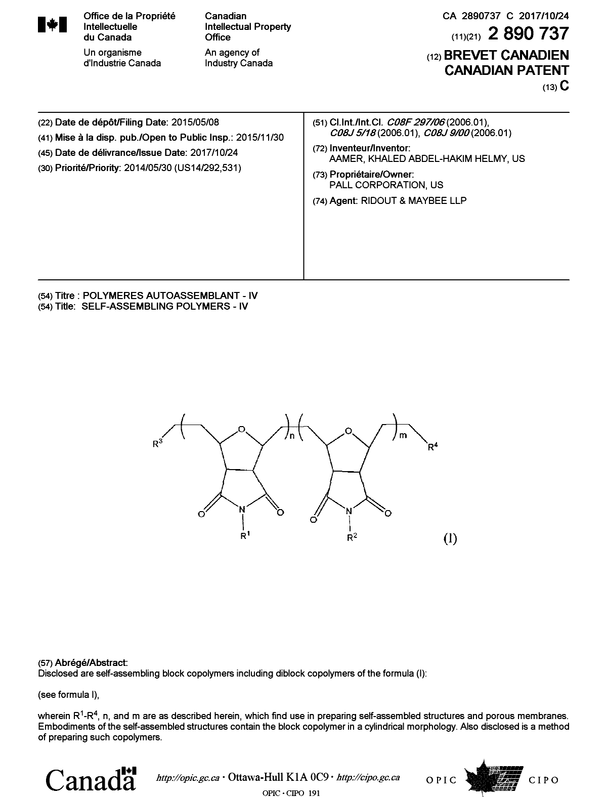 Canadian Patent Document 2890737. Cover Page 20161226. Image 1 of 1