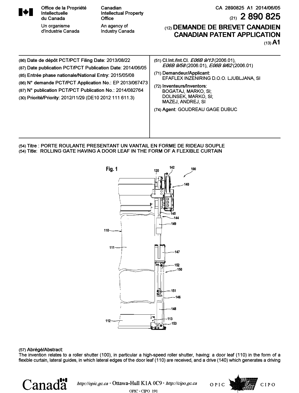 Canadian Patent Document 2890825. Cover Page 20141228. Image 1 of 2