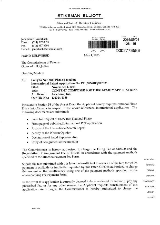 Document de brevet canadien 2890891. Cession 20150504. Image 1 de 8