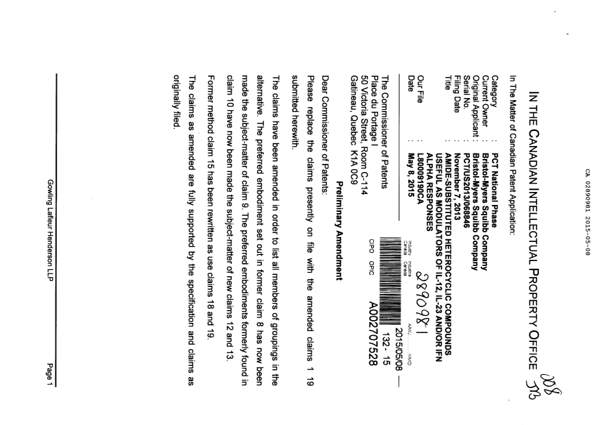 Canadian Patent Document 2890981. Prosecution-Amendment 20150508. Image 1 of 14