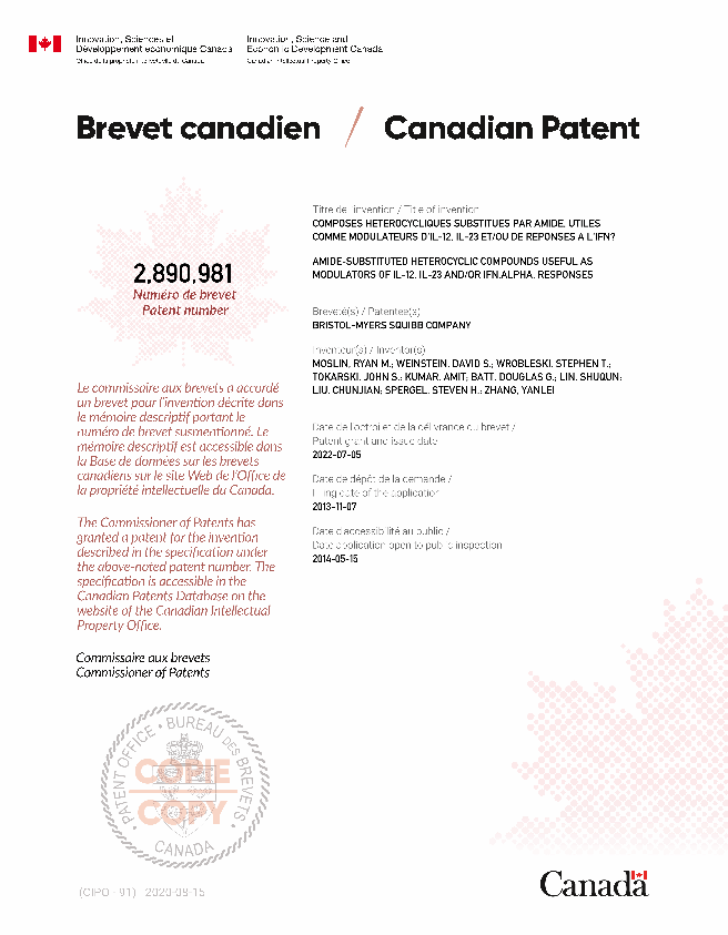 Canadian Patent Document 2890981. Electronic Grant Certificate 20220705. Image 1 of 1