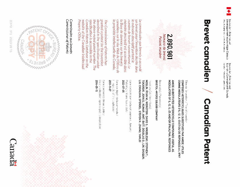 Canadian Patent Document 2890981. Electronic Grant Certificate 20220705. Image 1 of 1