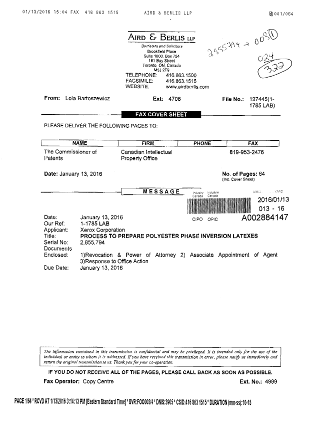 Document de brevet canadien 2891304. Correspondance 20151213. Image 1 de 50