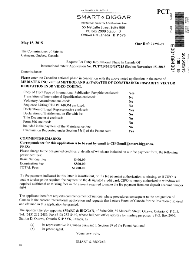 Document de brevet canadien 2891723. Cession 20150515. Image 1 de 2