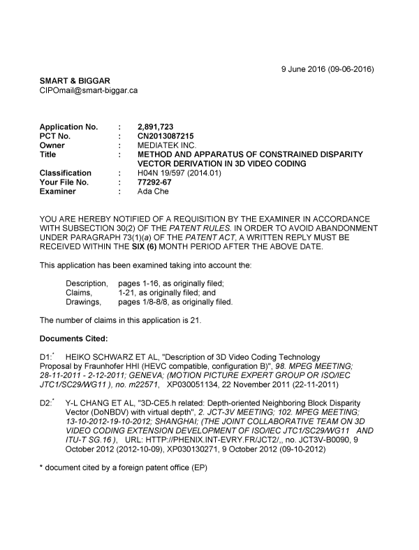 Document de brevet canadien 2891723. Demande d'examen 20160609. Image 1 de 5