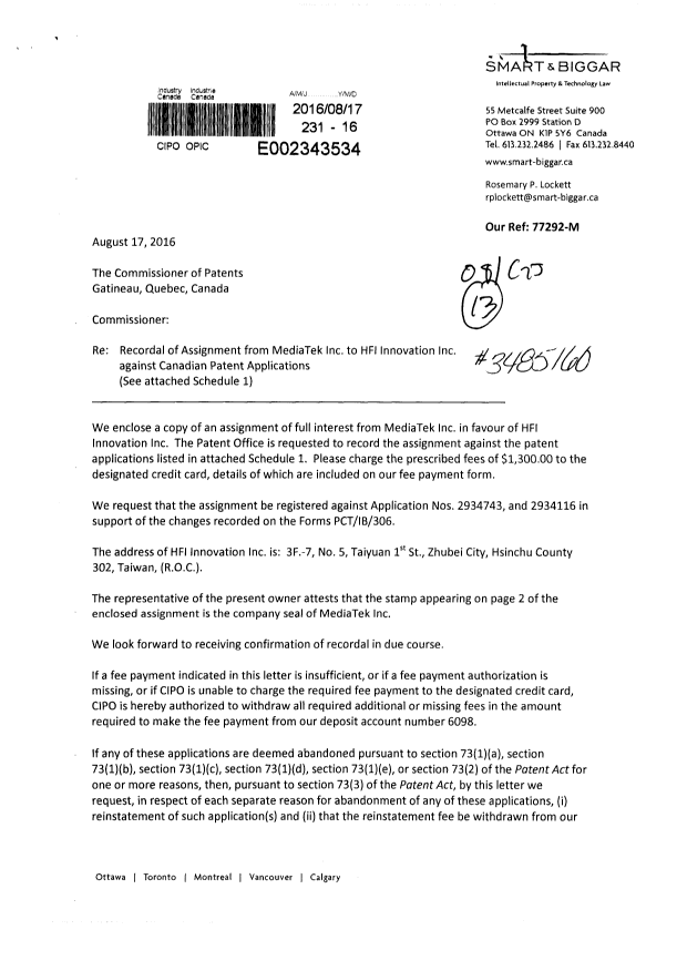 Document de brevet canadien 2891723. Cession 20160817. Image 1 de 5