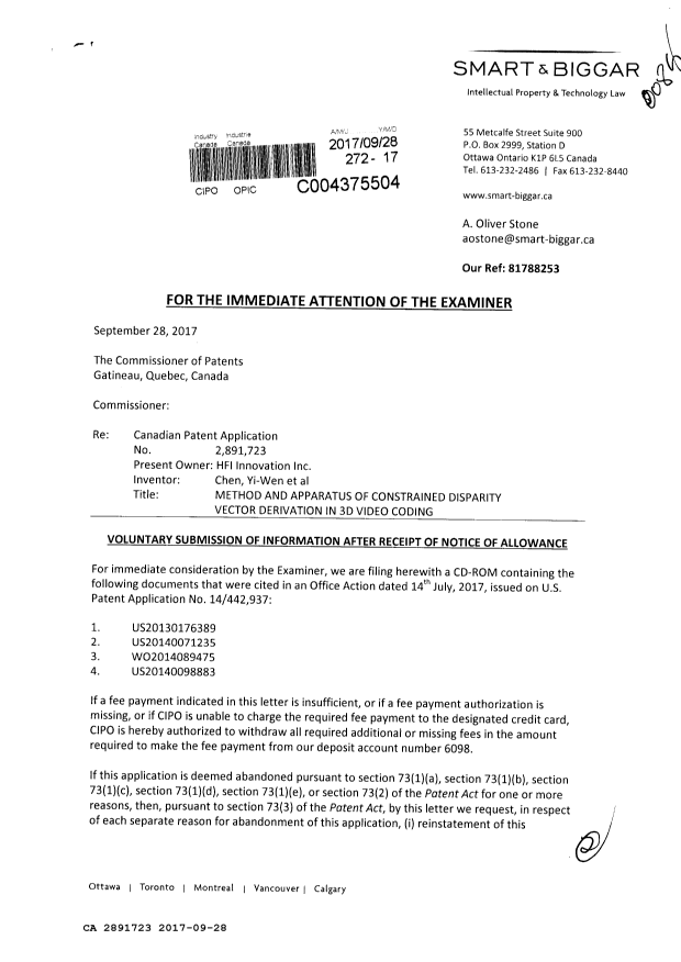 Document de brevet canadien 2891723. Modification après acceptation 20170928. Image 1 de 2