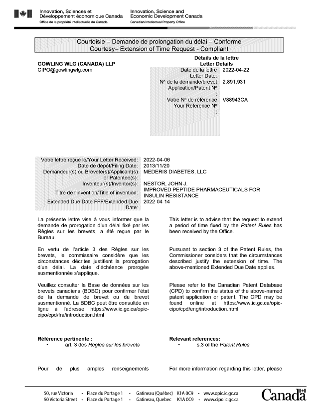 Document de brevet canadien 2891931. Accusé de prolongation 20220422. Image 1 de 2