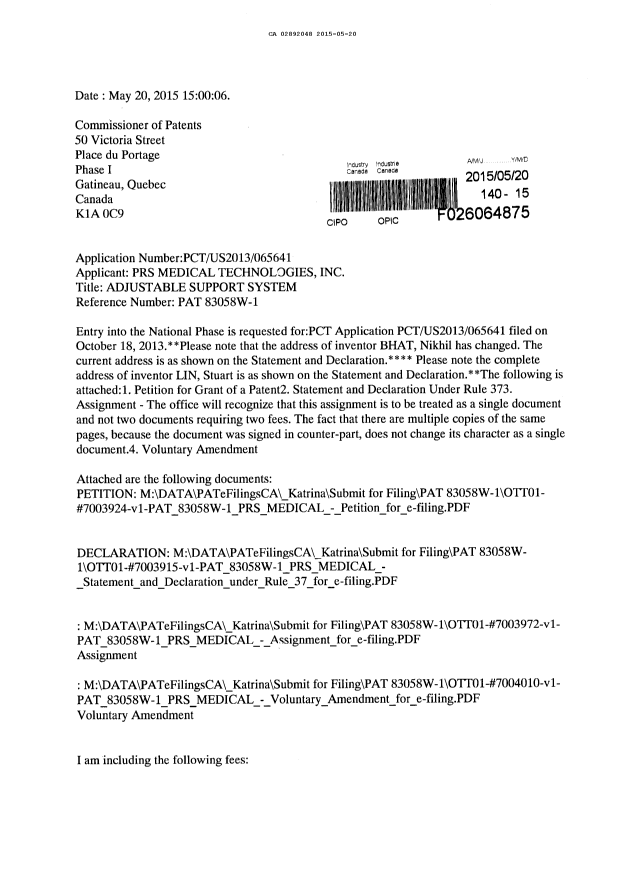 Document de brevet canadien 2892048. Cession 20150520. Image 1 de 13