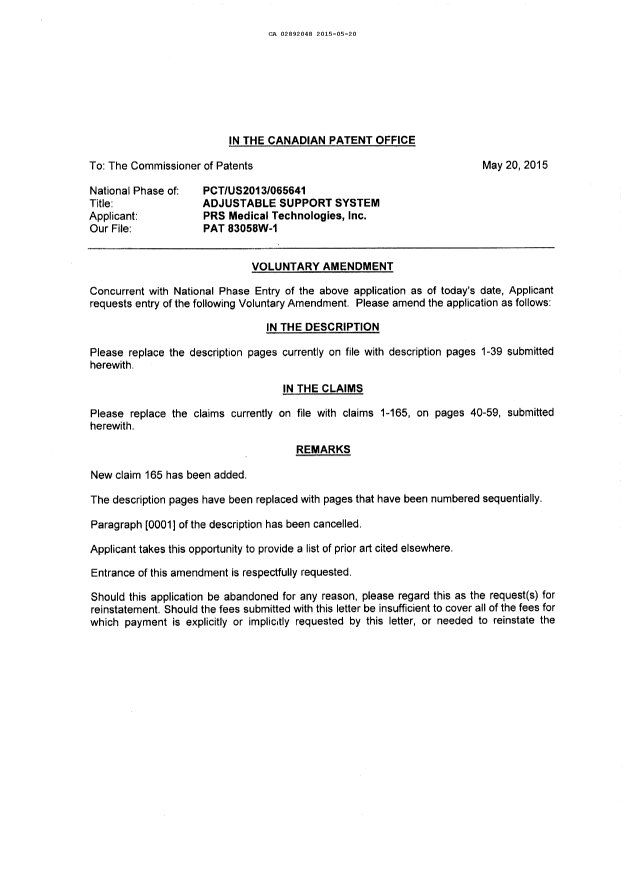 Document de brevet canadien 2892048. Poursuite-Amendment 20150520. Image 1 de 63