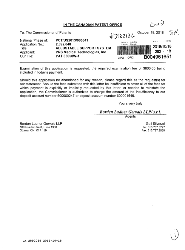 Document de brevet canadien 2892048. Requête d'examen 20181018. Image 1 de 1