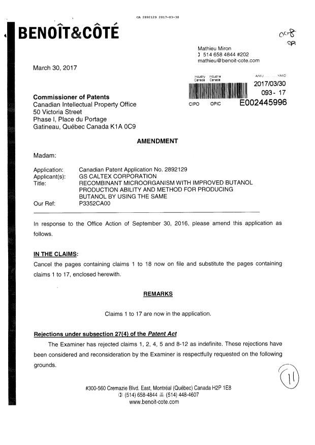 Document de brevet canadien 2892129. Poursuite-Amendment 20161230. Image 1 de 11