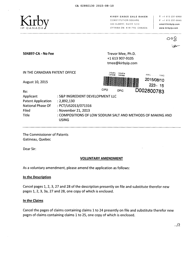 Document de brevet canadien 2892130. Modification 20150810. Image 1 de 16
