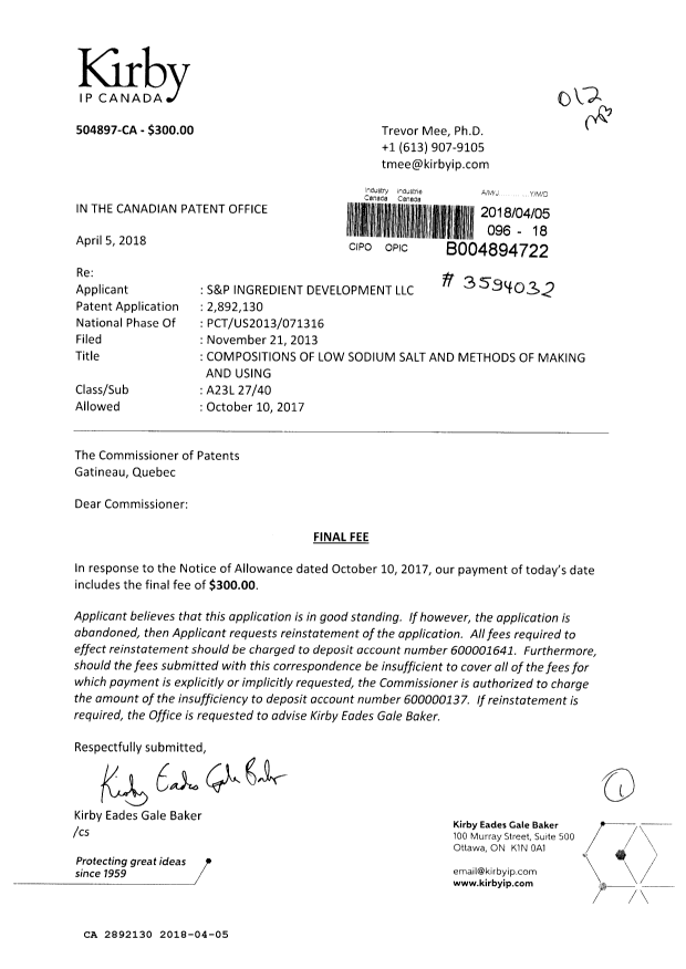 Document de brevet canadien 2892130. Taxe finale 20180405. Image 1 de 1
