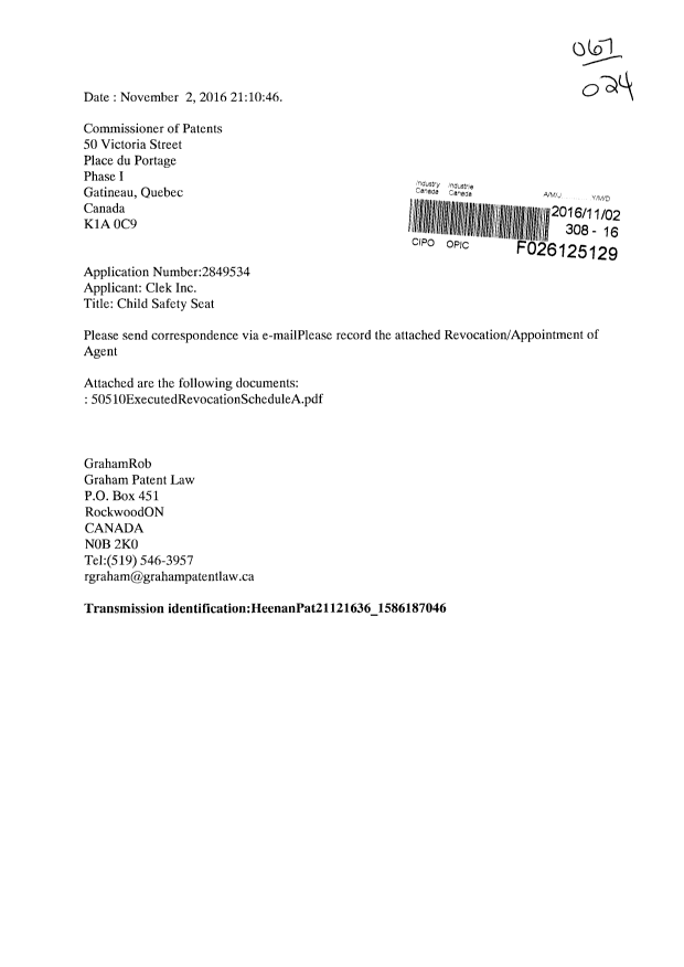 Document de brevet canadien 2892155. Correspondance 20151202. Image 1 de 3